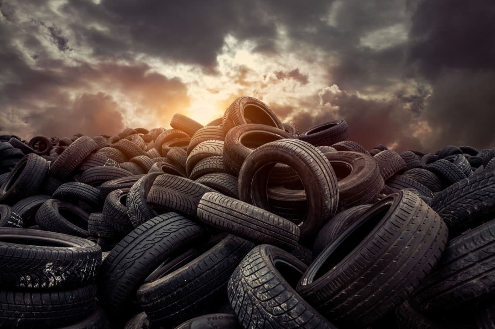 Pile of scrap tires ready for recycling in Houston TX